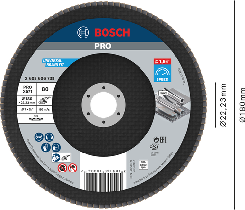 Bosch PRO X571 翻盖磨盘 G80 180mm，用于金属研磨。.