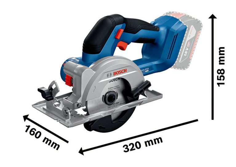 BoschGKS 18V-44 无绳圆锯，附尺寸说明。