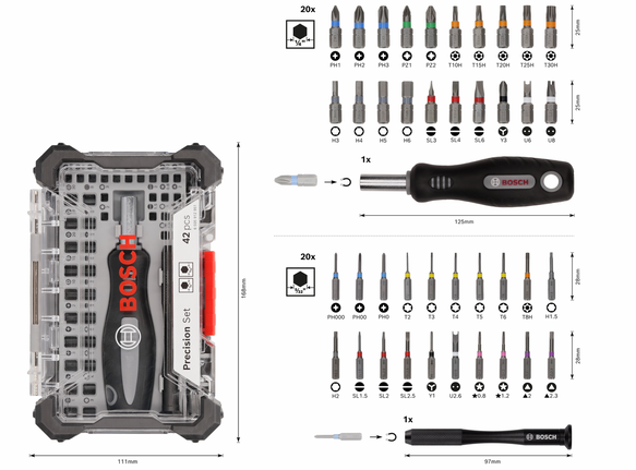 Bosch精密螺丝刀头套装 42 件，装于紧凑型工具箱中。