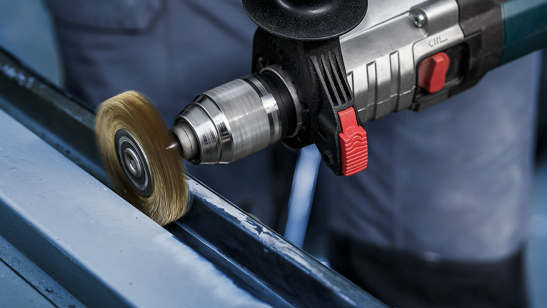 一名佩戴安全设备的人员正在用旋转刷抛光金属表面。