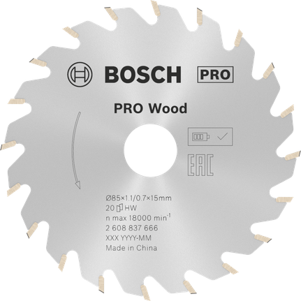 Bosch PRO Wood 无绳圆锯片，85 毫米 20T。.