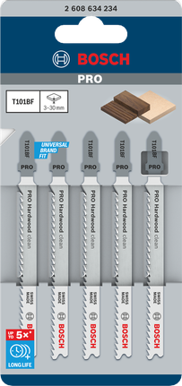 Bosch PRO 硬木清洁 T101BF 曲线锯刀片 100 毫米 5 件。.