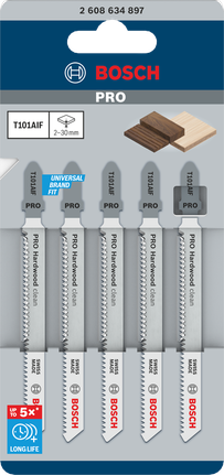 Bosch PRO 硬木清洁 T101AIF 曲线锯刀片 100 毫米 5 件。.