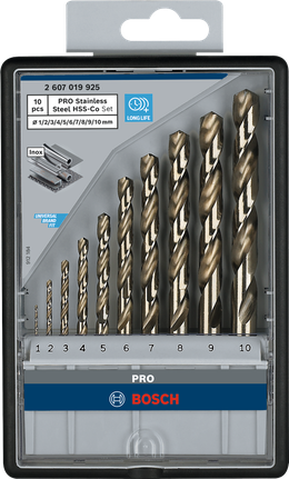 BoschPRO 不锈钢 HSS-Co 麻花钻头套装，10 种尺寸。