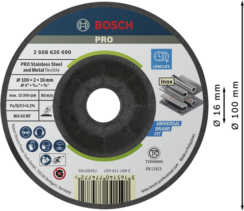 Bosch PRO 半柔性金属砂轮，100 x 2 x 16 毫米。.