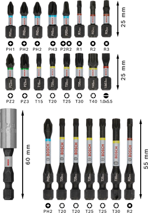 Bosch PRO 冲击螺丝刀头套装 24 件，颜色编码。.