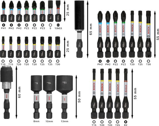 Bosch PRO 冲击螺丝刀头套装 33 件，各种尺寸。.