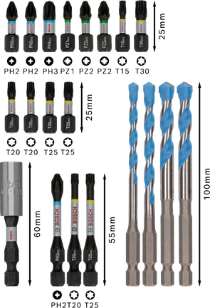 Bosch PRO Impact 混合套装 20 件，包含螺丝刀头和钻头。.