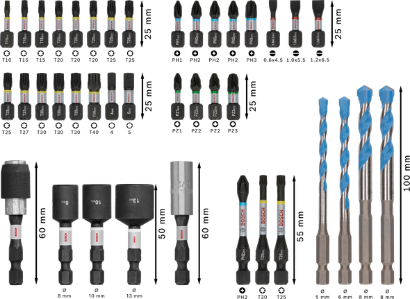 Bosch PRO Impact 混合套装 40 件，配有钻头和螺丝刀头。.