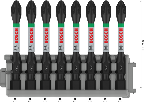 Bosch PRO Pozidriv 冲击钻头 PZ2 55mm 8 件套。.