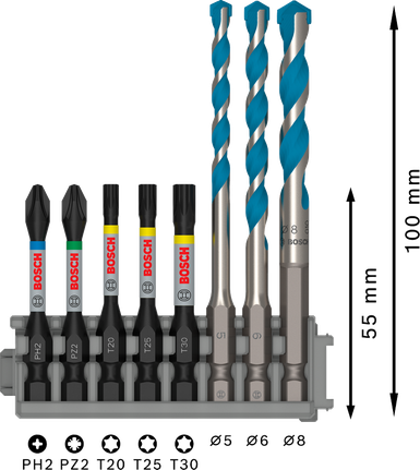 BoschPRO 冲击套装，配备多种建筑钻头。.