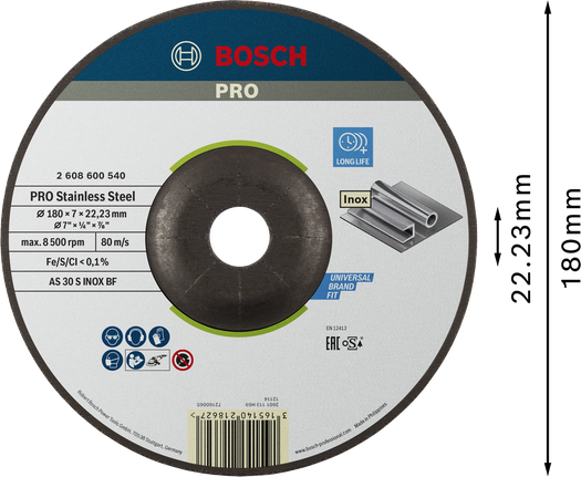 Bosch PRO 不锈钢研磨盘 180 x 6 x 22.23 毫米。.