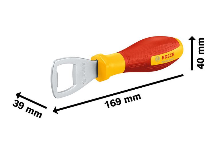 带有红色和黄色手柄的Bosch开瓶器。.
