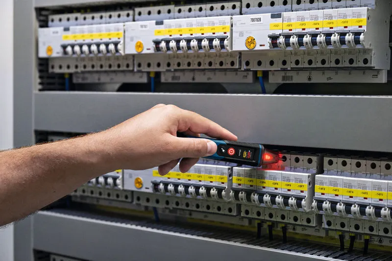 人员使用非接触式电压测试仪测试电气面板。.