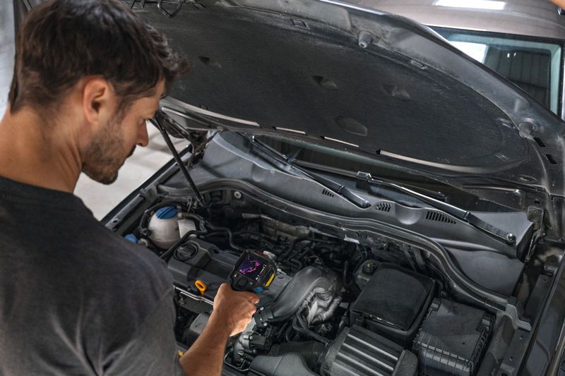 有人使用热成像仪检查汽车发动机。