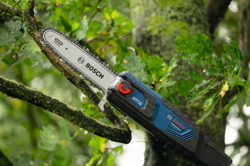 无绳伸缩修枝剪在枝繁叶茂的户外环境中修剪树枝。.