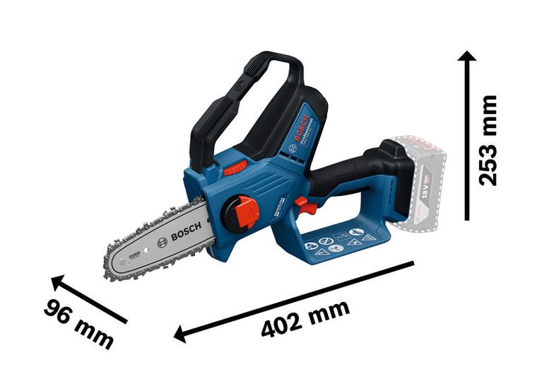 BoschGKE 18V-15 无绳修枝锯，尺寸如下。.