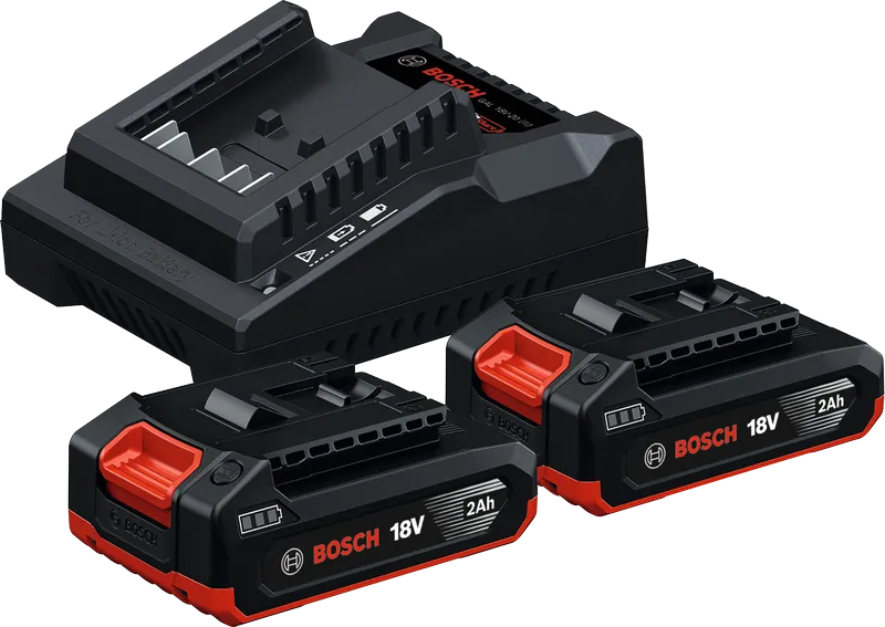 Bosch18V 电池充电器套装，含两块 2Ah 电池。