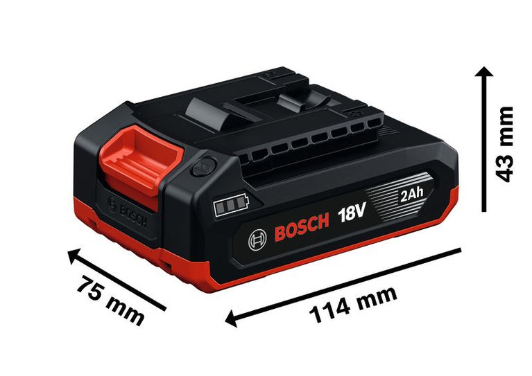 BoschGBA 18V 2Ah 电池组及其尺寸。