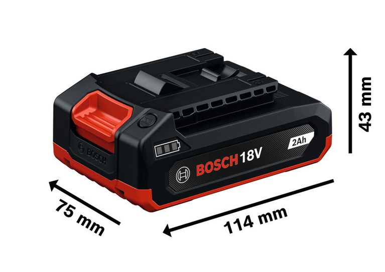 Bosch18V 2Ah 电池组，尺寸如图所示。