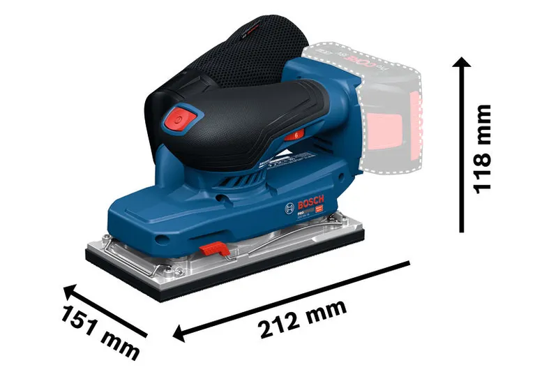 BoschGSS18V-18 轨道砂光机，尺寸如图所示。.