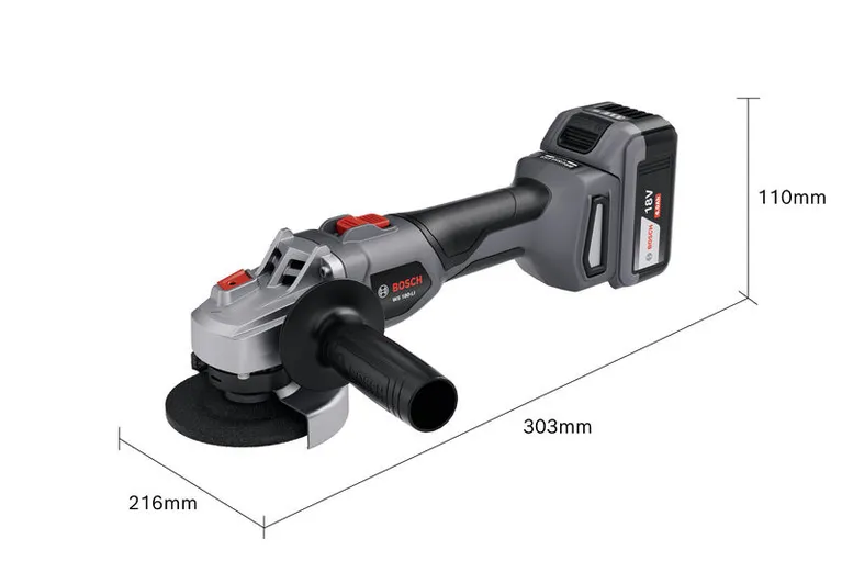 BoschWS 180-LI 无绳角磨机，尺寸如下。.