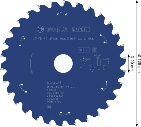 BoschEXPERT 不锈钢无绳圆锯片，直径 136 毫米。