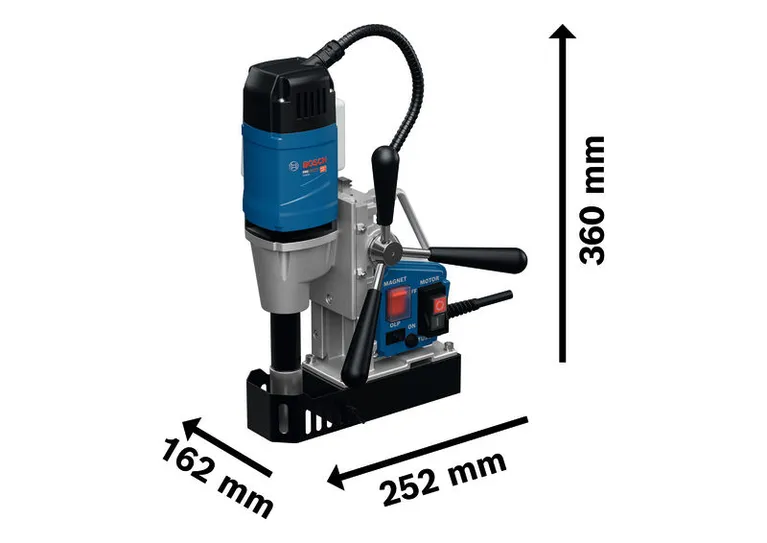 BoschGBM 38 HD 磁力钻及其尺寸。.