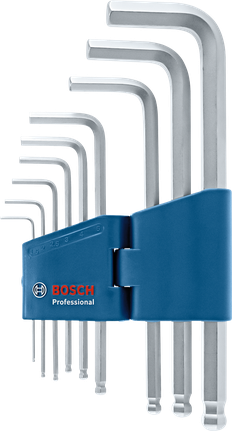 一套L型六角扳手，装在一个蓝色的扳手套里。