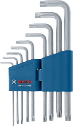 一套九个L型星形扳手，装在一个蓝色的收纳盒里。