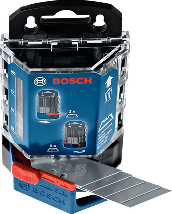 金属美工刀片整齐地堆放在蓝黑色的刀片盒中，并附有切割说明。