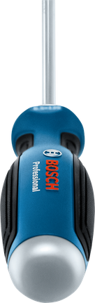 蓝黑相间的螺丝刀，配有符合人体工程学的手柄。