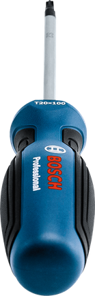 蓝黑相间的螺丝刀，手柄柔软，刀尖朝上。