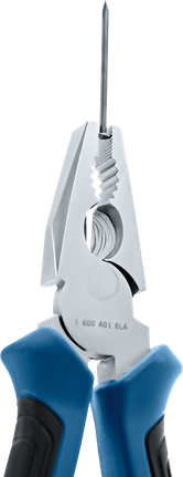 一把钳子夹着一根长长的金属钉，钳柄是蓝色和黑色的。