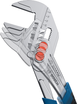 带蓝色手柄的可调节扳手，演示了下颚的运动。