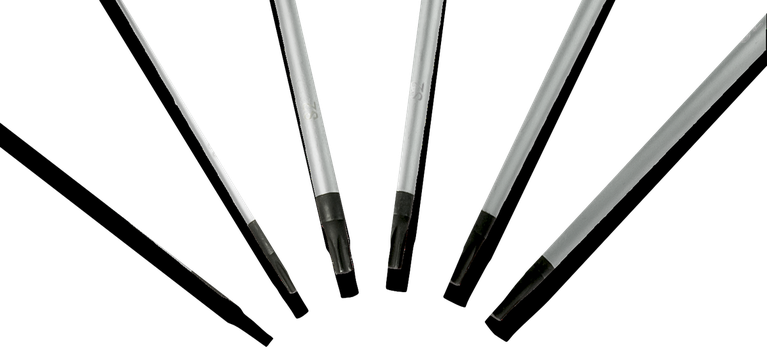 六个金属钻头，黑色钻尖，呈扇形排列。