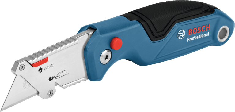 带可伸缩刀片和符合人体工程学的蓝色手柄的实用刀。