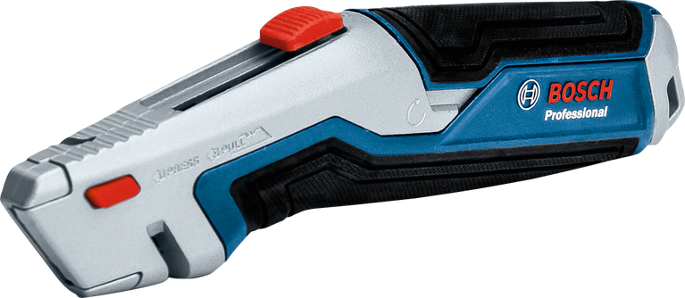 电动多用途刀，带纹理手柄和红色安全开关。