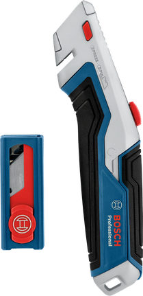 多功能刀和刀套，采用蓝、灰、红三色设计。