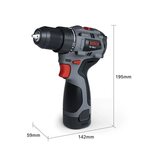带有尺寸的BoschSR 160-LI 无绳电钻驱动器。.