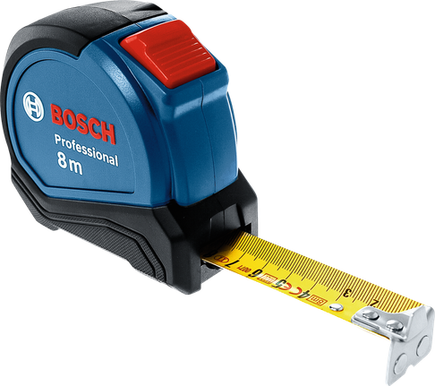 Bosch8 米卷尺，黄色尺带已伸展。