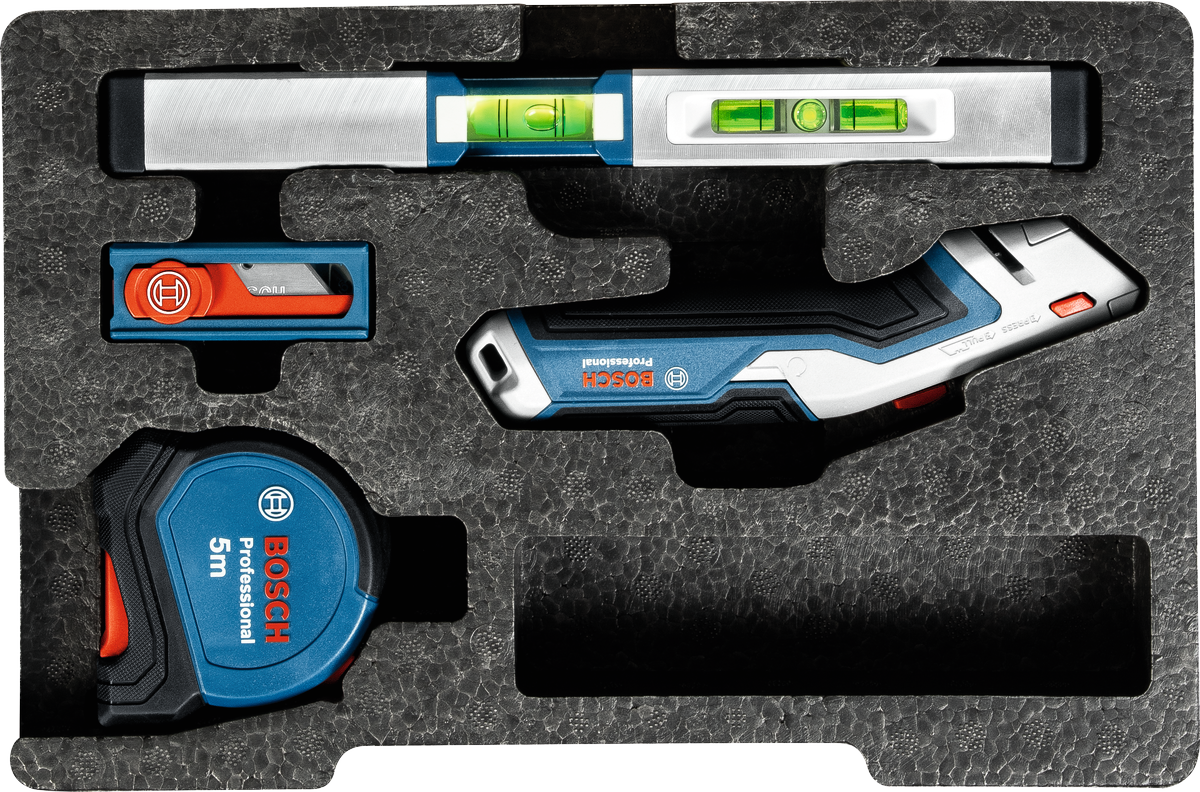 Bosch手动工具混合套装 13 件套，含水平仪、切割器和卷尺。