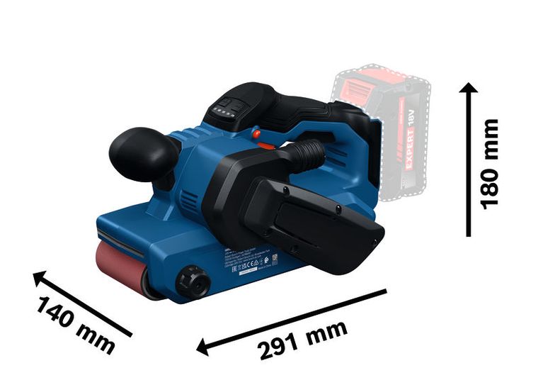 BoschGBS18V-75 型带式砂光机，长度为 291 毫米。