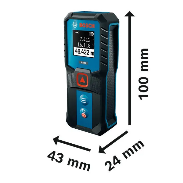 BoschGLM50-21 激光测距仪，带尺寸标签。