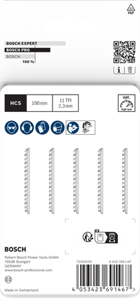 BoschPRO 塑料 PVC 和 PMMA 清洁 T102H 曲线锯片 100mm 5 件装。