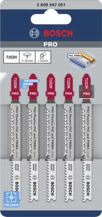 BoschPRO Plastics T102H PVC 和 PMMA 专用曲线锯片，5 片装。