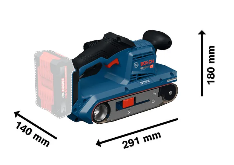 BoschGBS18V-75 型带式砂光机，长度为 291 毫米。
