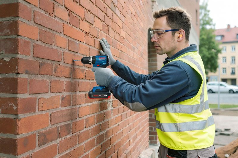 一名佩戴安全装备的人员使用无绳冲击钻在砖墙上钻孔。