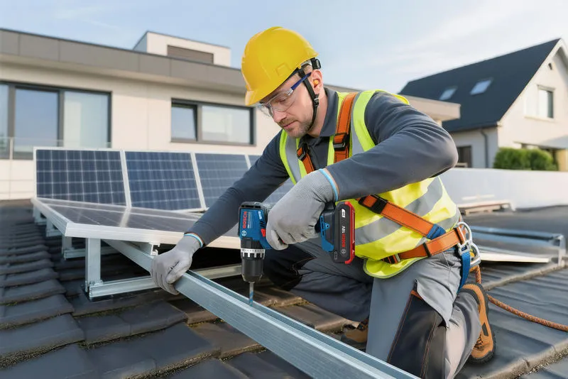 一名佩戴安全装备的人员使用无绳冲击钻安装太阳能电池板框架。