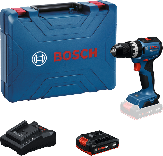 BoschGSB 18V-52 无绳电钻套装，带工具箱和电池。